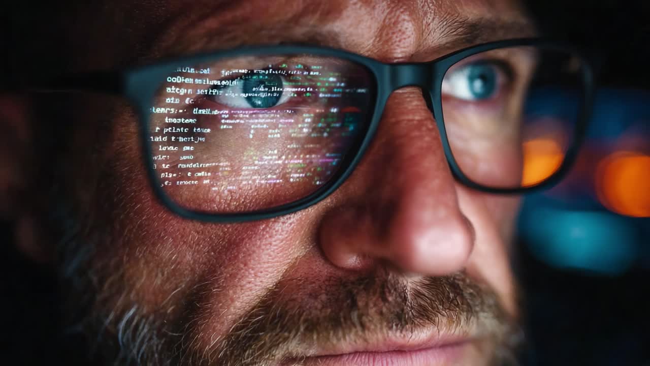 Close-Up of a Programmer's Intense Focus on Code Reflected in Eyeglasses, Capturing the Essence of Modern Technology and Digital Creativity in a Dimly Lit Environment