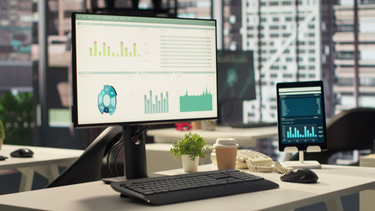 espacio de trabajo de oficina moderno con tableros de datos