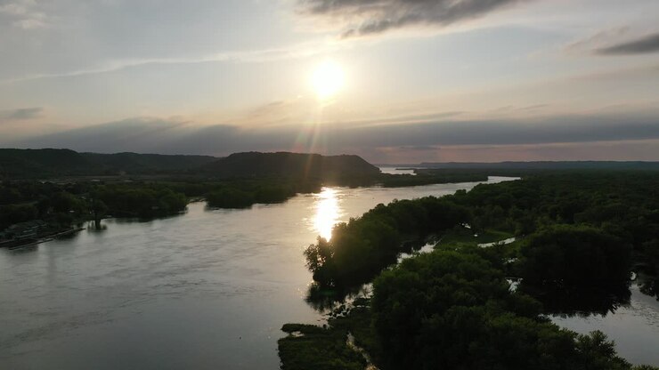 Sunset over a river, aerial view
