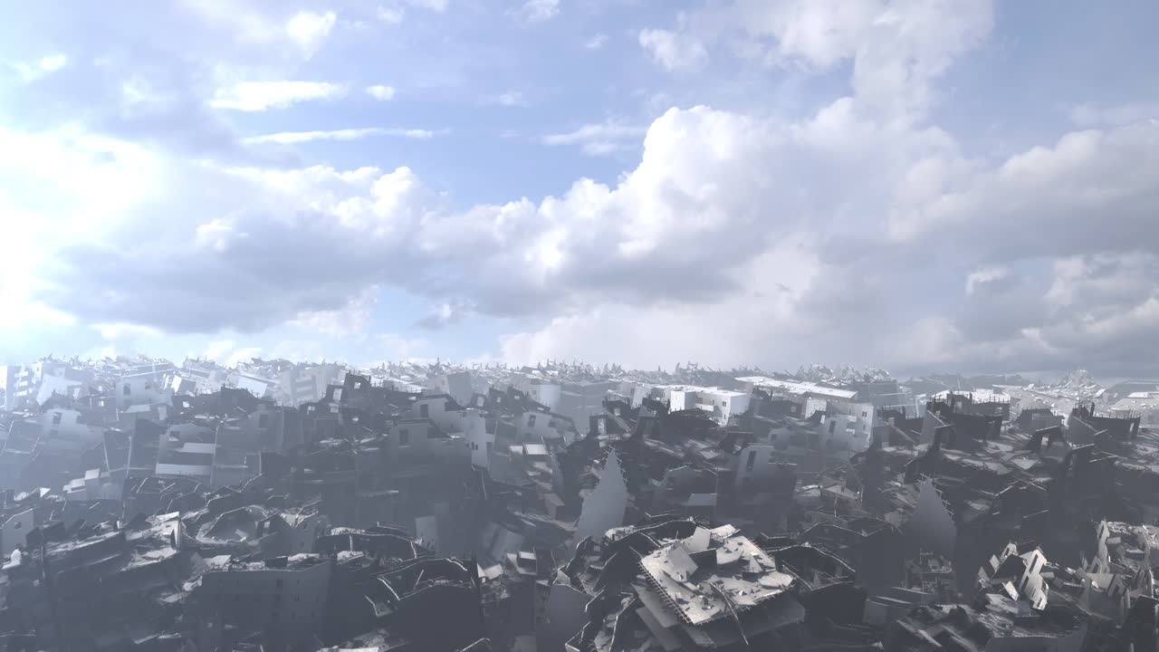 구름이 가득한 하늘 아래의 파괴된 도시 풍경