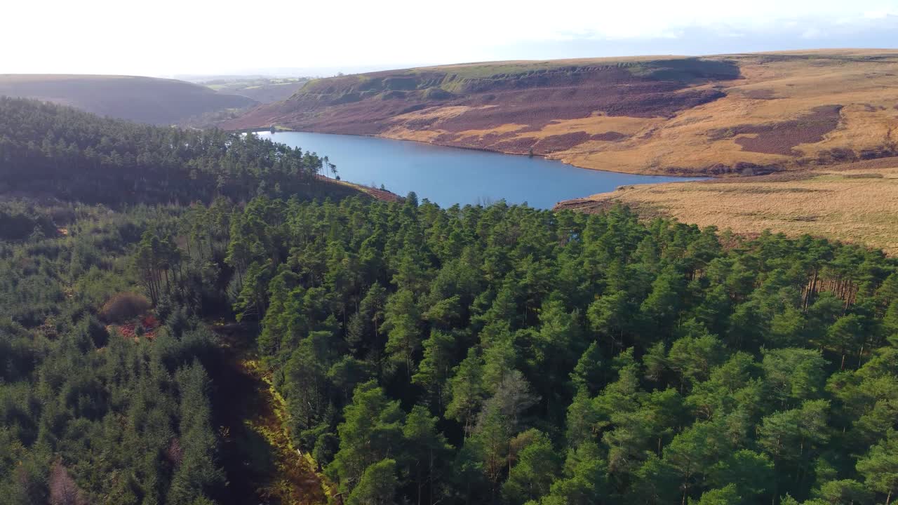 Luftfoto i sideværts bevægelse af Lliw Reservoir fyldt efter regnfald til opbevaring af vand. Tæt skovområde med åbent hedelandskab i Wales, Storbritannien. Dal i baggrunden