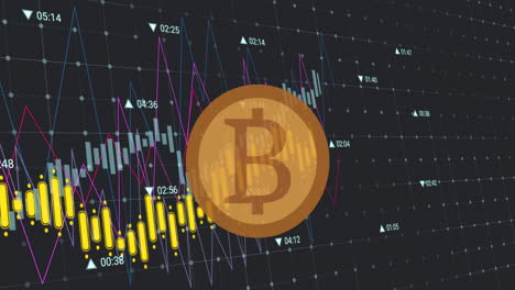 animation of bitcoin over diagrams and stock market on black background