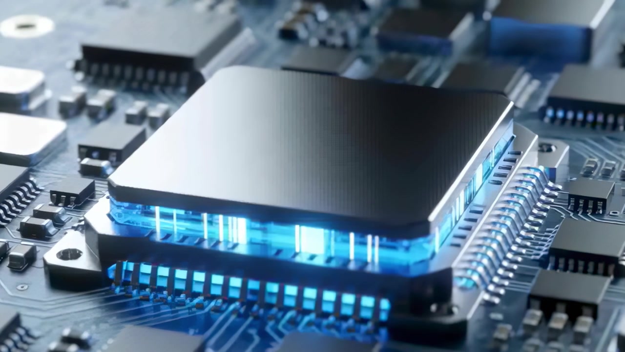 Emitting chip package revealing pulsing blue interposer in close-up for demo, showing PCB traces