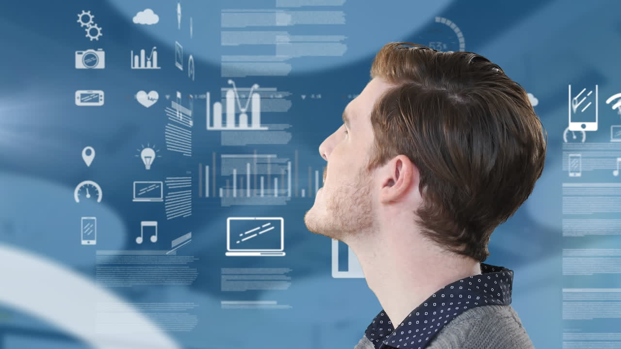 Animation of businessman and data processing over empty office
