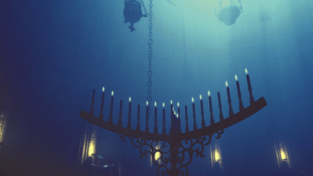 Chandelier illuminated by soft light in mystical underwater setting