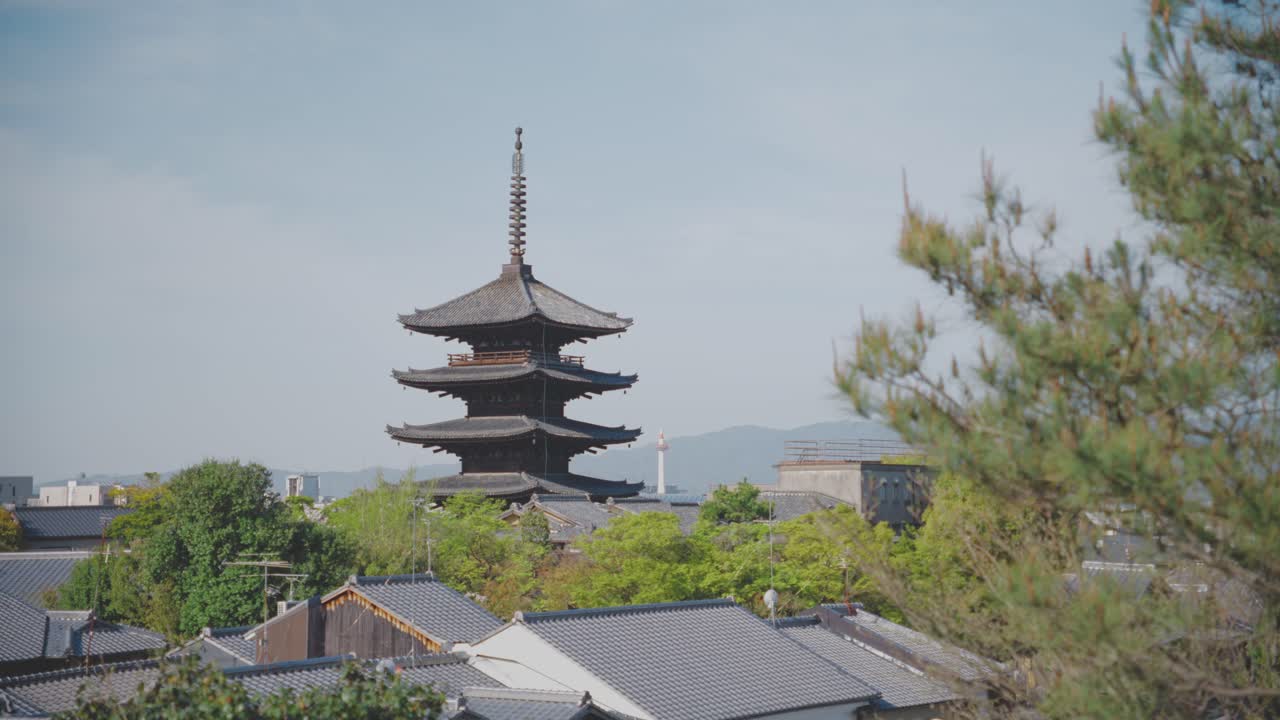 Beautiful morning view of Tō-ji Temple in Kyoto, Japan, surrounded by lush greenery and traditional architecture, capturing the serene atmosphere and cultural heritage of this iconic landmark.
