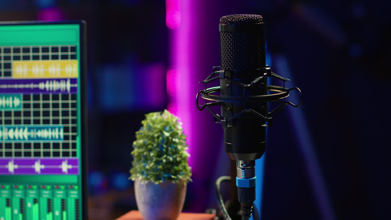 estudio casero vacío utilizado para crear música con consola electrónica y dispositivos