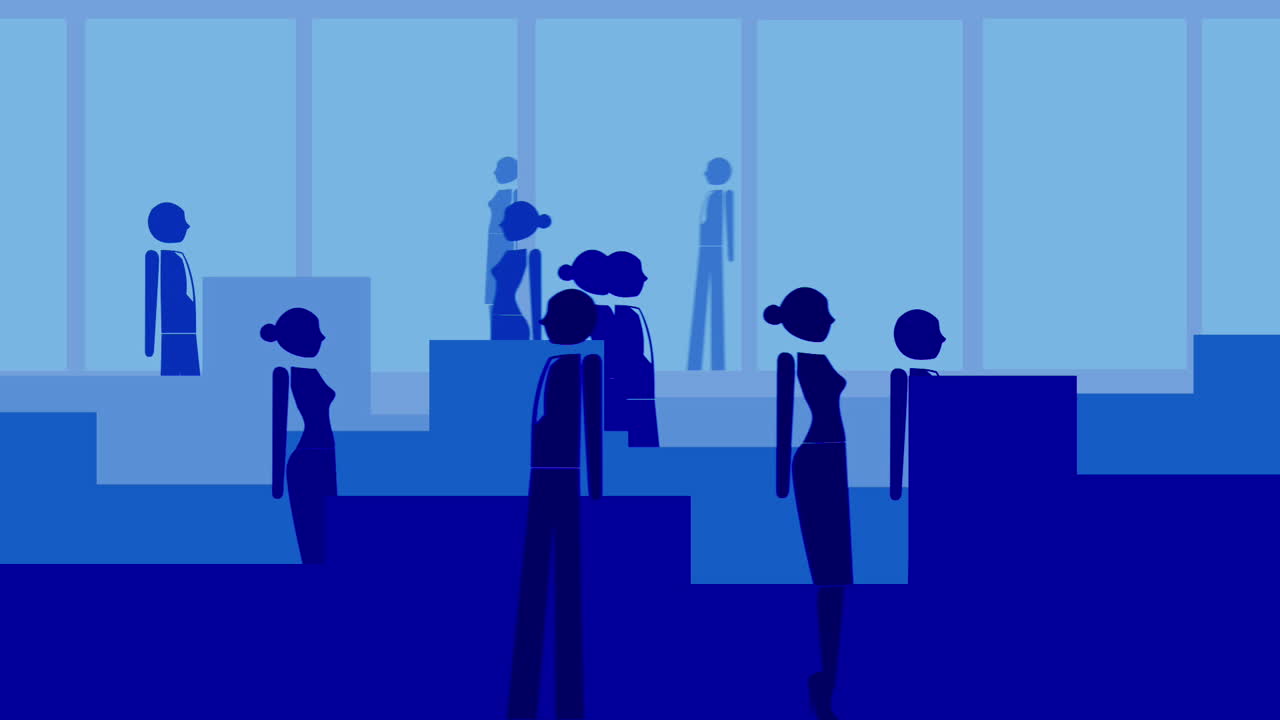 A crowd of animated businesspeople walking through