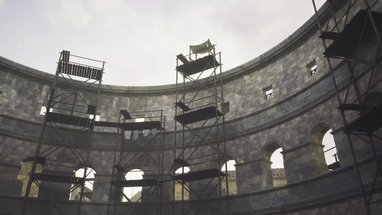 Teatro antigo envolto em andaimes durante obras de conservação e reparação.