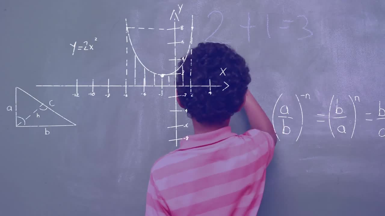 Mathematical equations and boy writing on the board