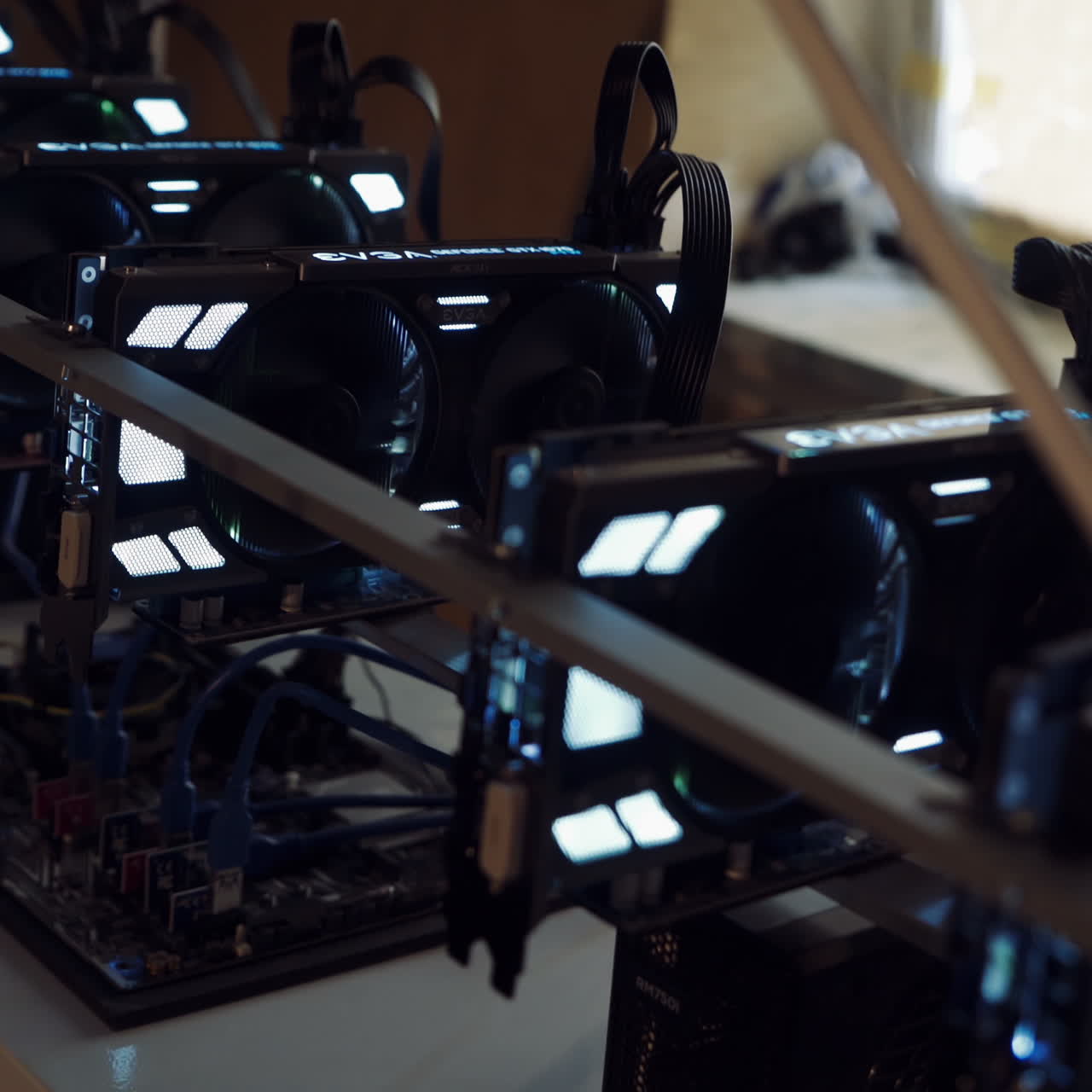 Farm for mining crypto currency on video cards. Computer for Bitcoin and cryptocurrency virtual mining. Crypto farm.