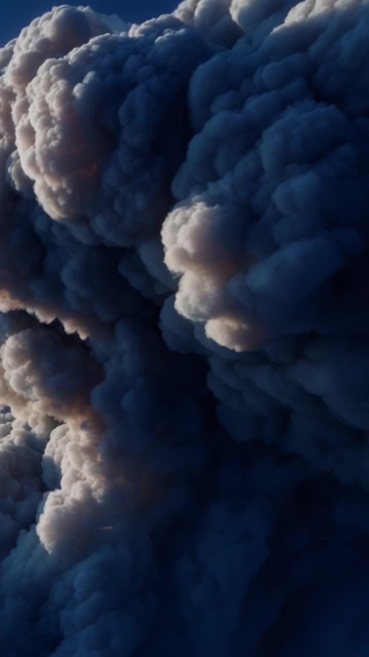 Primo piano drammatico di nuvole di fumo scure e ondeggianti che formano una trama intricata su uno sfondo blu intenso, evocando un senso di mistero e potenza naturale
