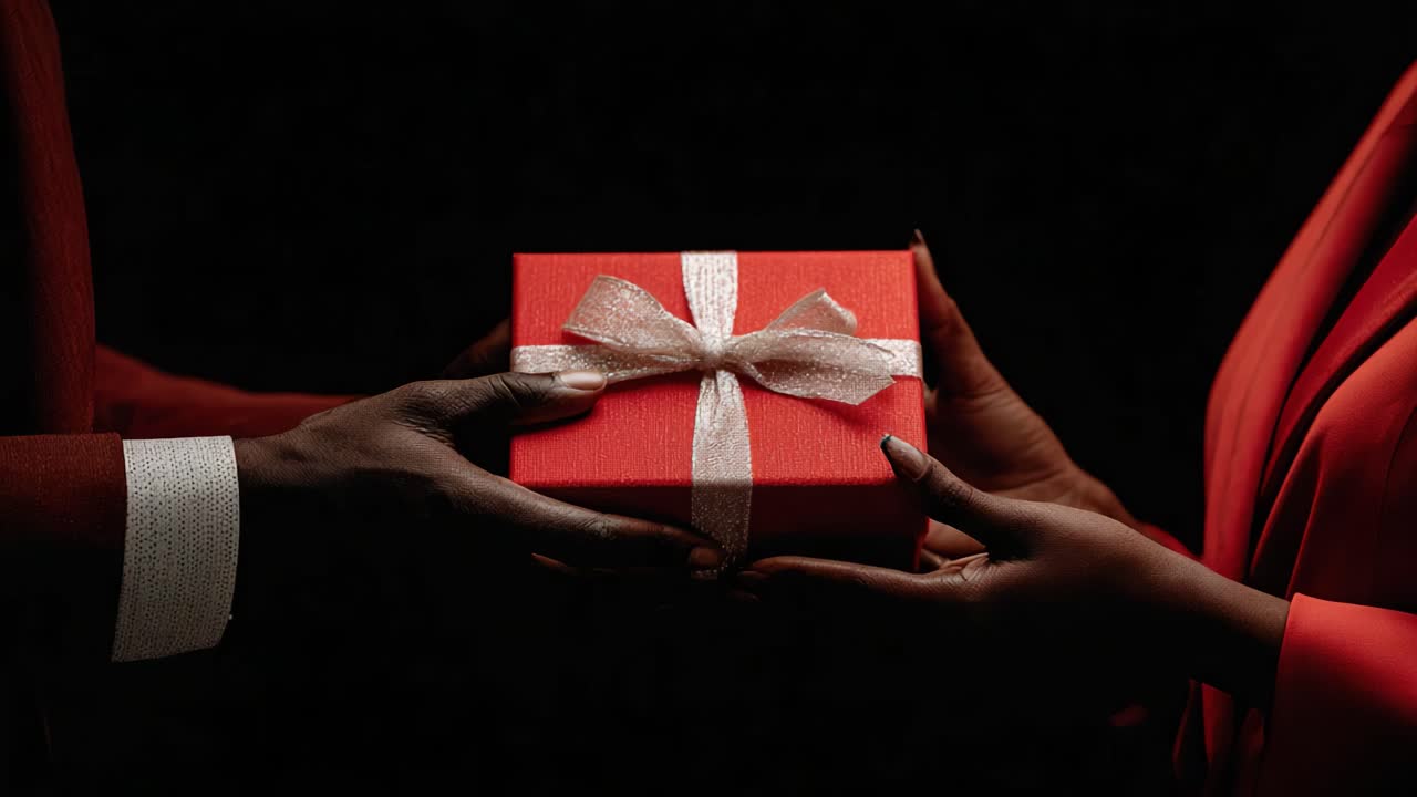 Una caja de regalo roja bellamente envuelta es intercambiada entre dos manos, destacando un momento de compartir y celebración en un ambiente íntimo y oscuro.