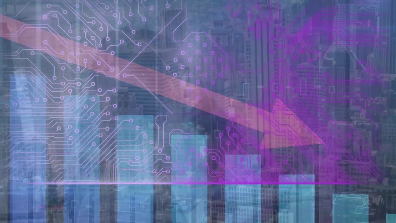 animación del procesamiento de datos y diversas personas de negocios en el paisaje urbano