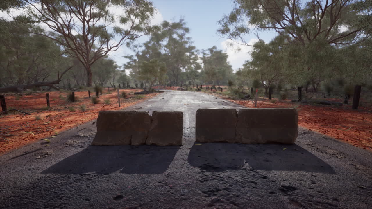 건조 한 오스트레일리아 풍경 에 있는 장벽 이 있는  비어 있는 시골 도로