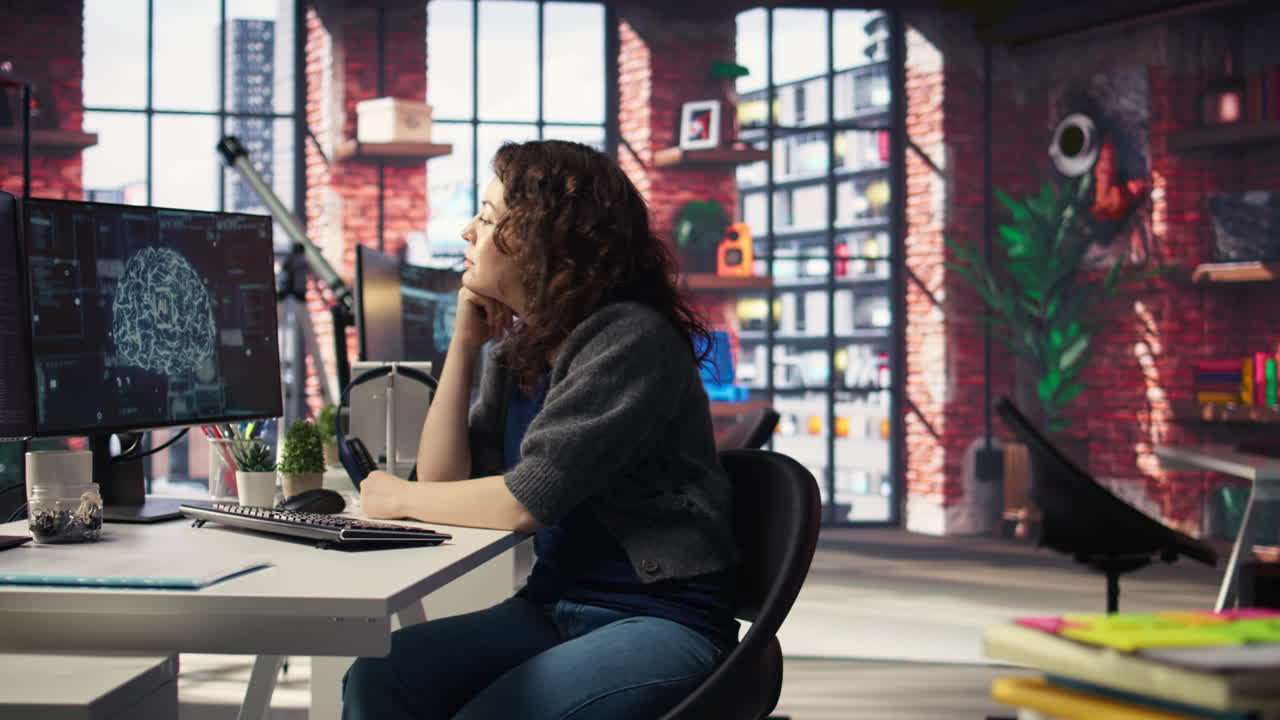 Teleworking developer using computer for artificial intelligence brain