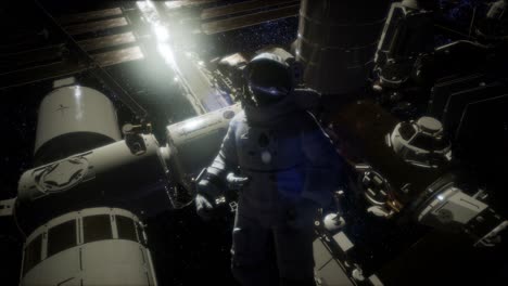 astronauta fuera de la estación espacial internacional en una caminata espacial