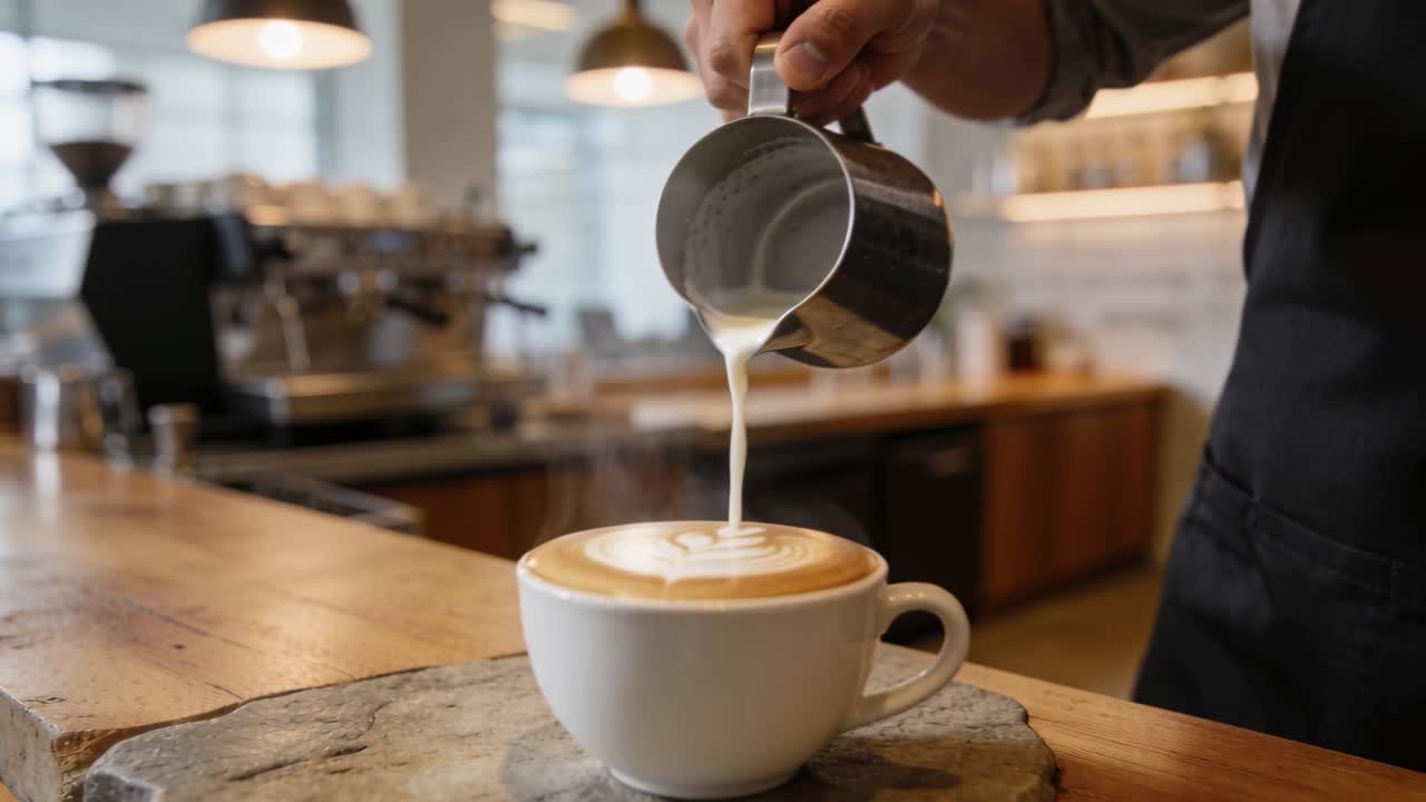 Barista con grembiule che versa, guida il latte nella tazza al bancone dopo l'estrazione dell'espresso, formando un cuore per il cliente