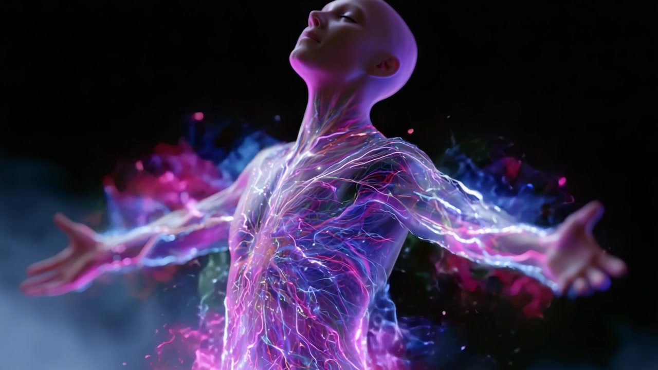Una figura radiosa che incarna energia e trasformazione: un viaggio visivo attraverso luce e movimento che cattura l'essenza di vitalità e spirito.
