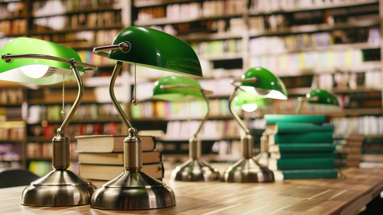 Close up view of stack of books near green lamps on wooden library table