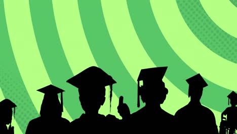 animation of silhouette of graduated students on green background