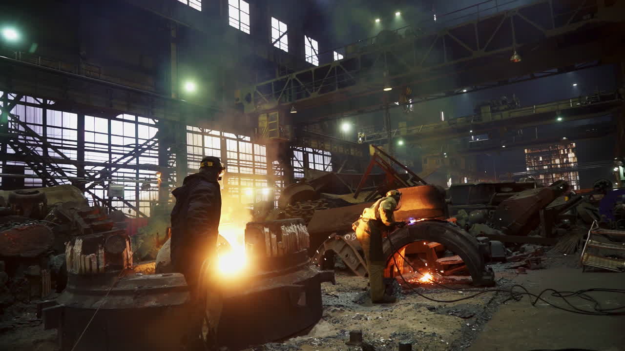 промышленные работники, занимающиеся сваркой и ремонтом металлических деталей на заводе