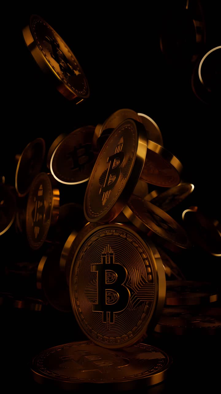Animazione rotante di Bitcoin dorato su sfondo scuro, criptovaluta cinematografica 4K.