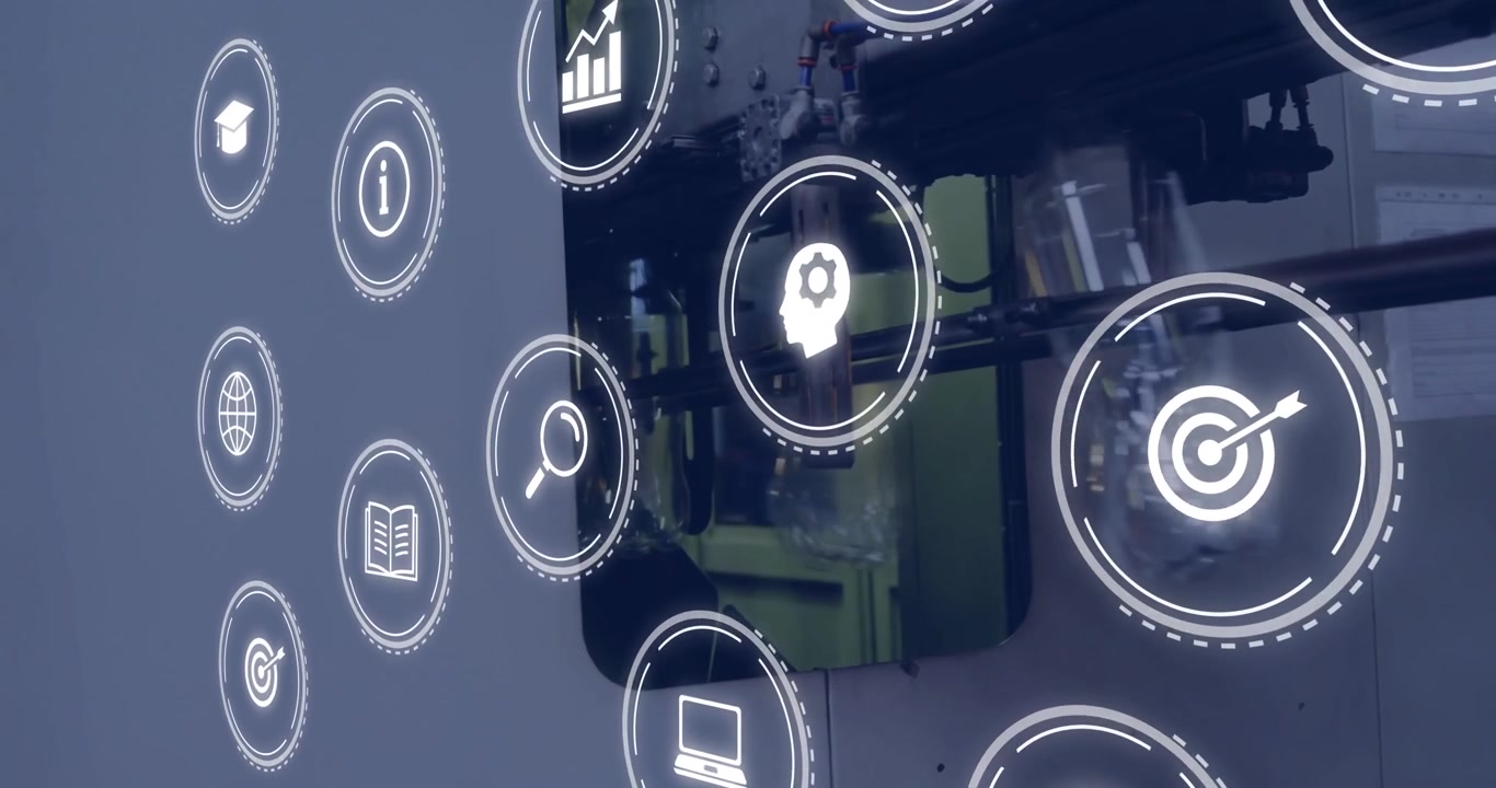 Digital Icons Animating Over Industrial Manufacturing Process