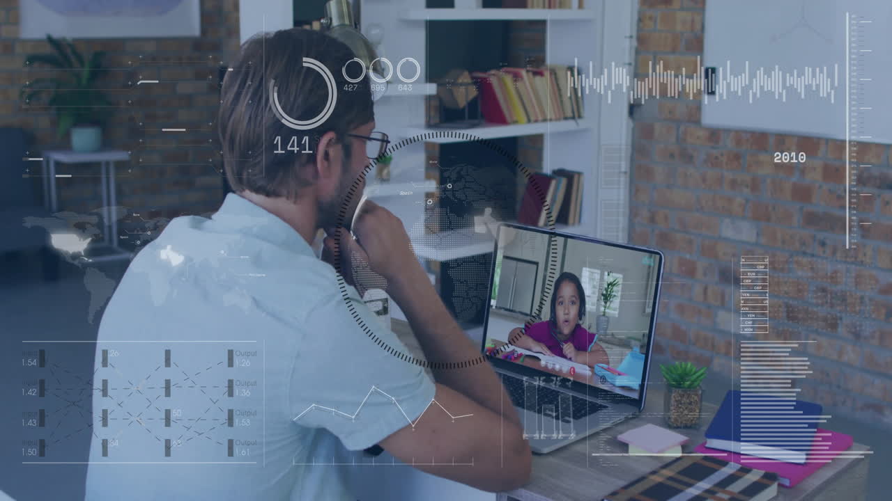 Animation of diagrams and data processing over caucasian male teacher having video call with student