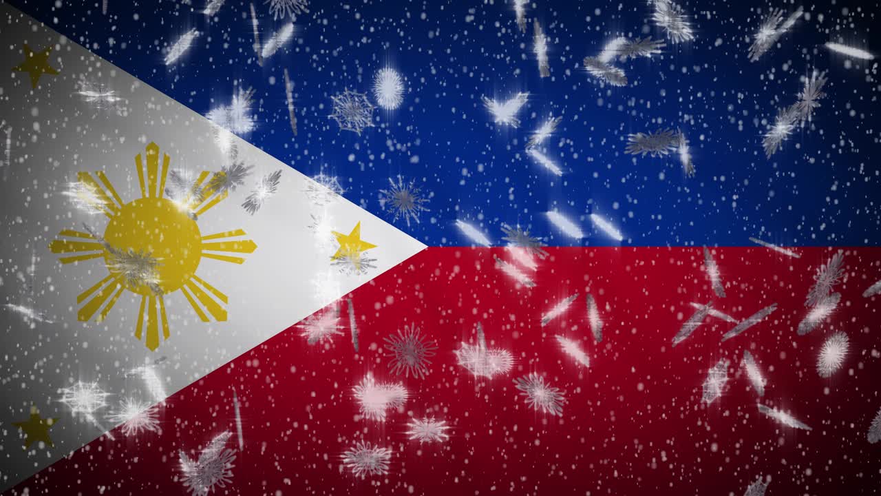 Philippines flag falling snow loopable, New Year and Christmas background, loop