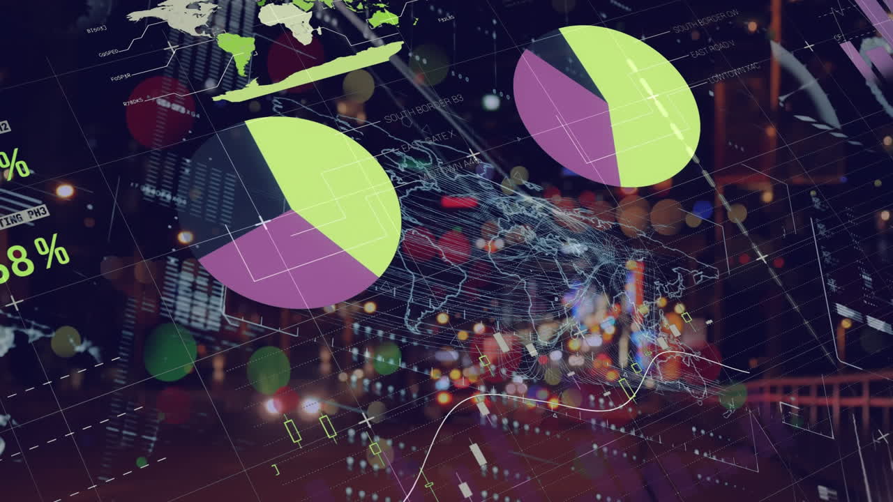 animación de diversos datos y gráficos en pantalla digital durante la noche el tráfico vial borroso