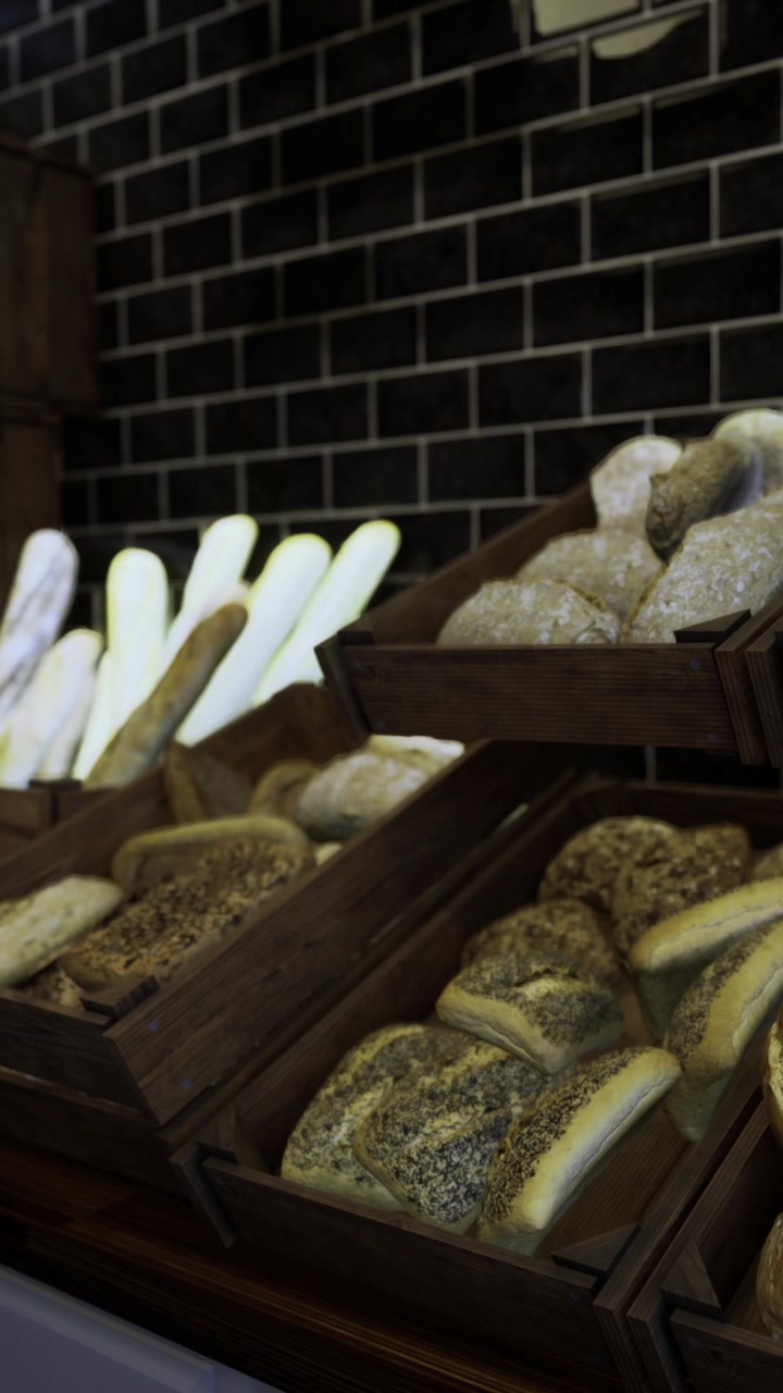 Fresh assortment of breads displayed in wooden baskets at a cozy bakery