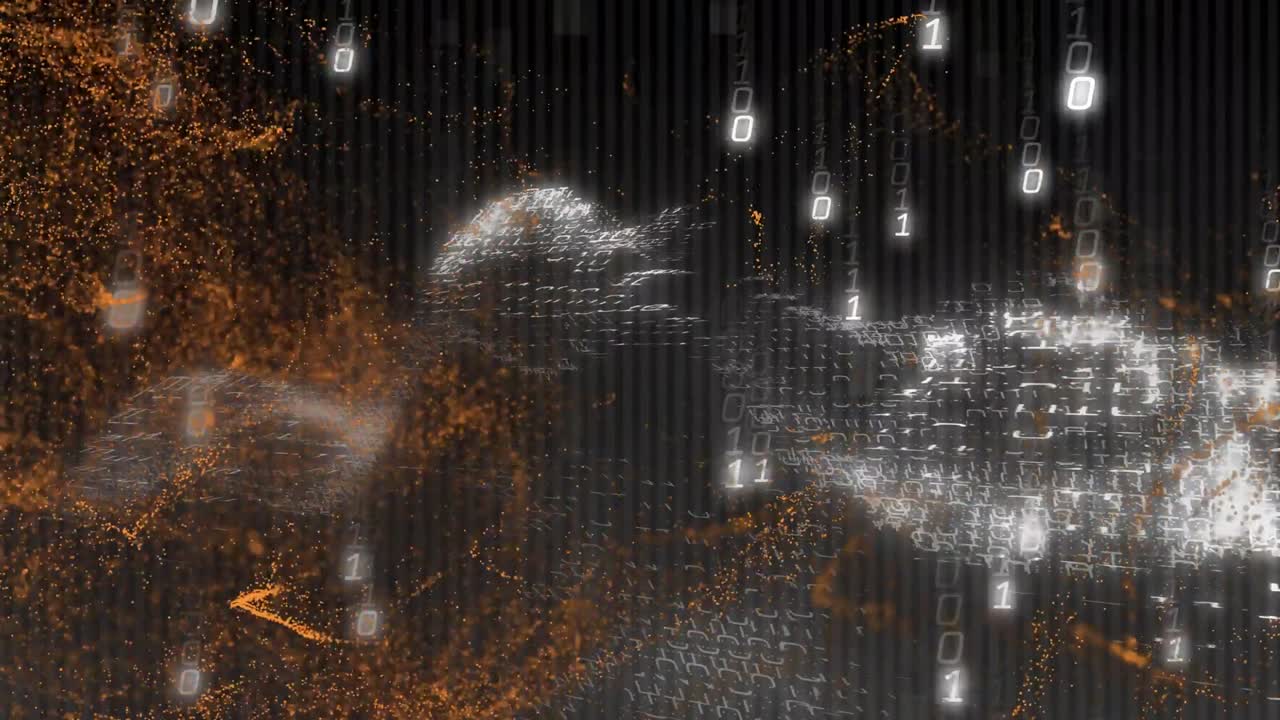 Data pulsing left orange cloud shedding strands as right white binary grid forming showing split