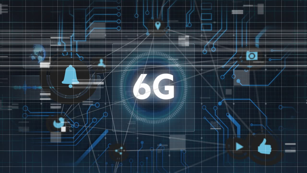 Digital icons and circuit patterns surrounding 6G text, animation of futuristic tech