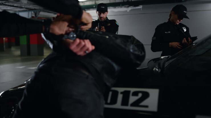 Police team arresting criminal at parking. Cop handcuffing suspect at patrol car