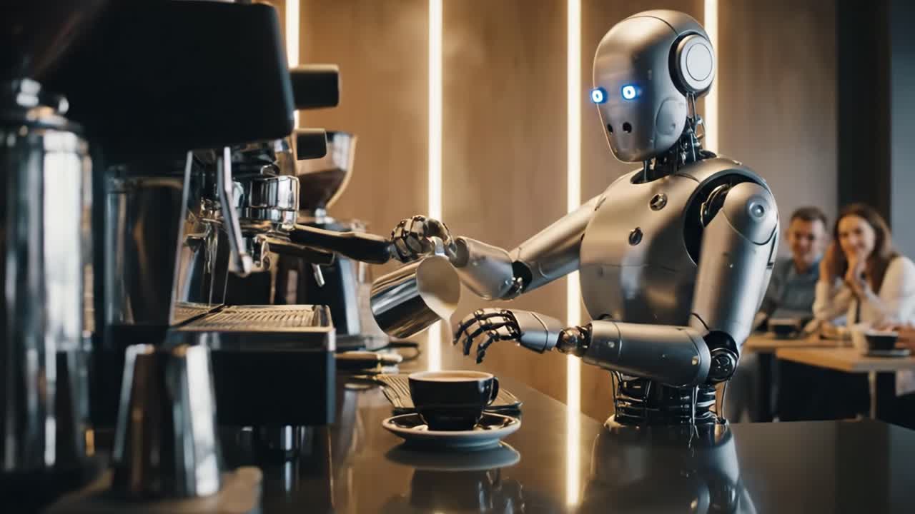 Humanoid robot working as barista pouring milk in a cup of coffee with customers in background