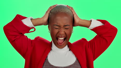 a woman expressing stress and frustration against a green screen
