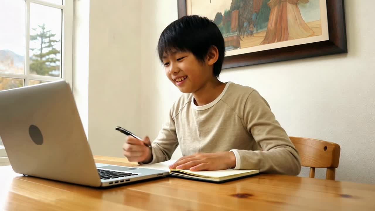 Happy Young Asian Boy Enjoying Online Learning with His Laptop