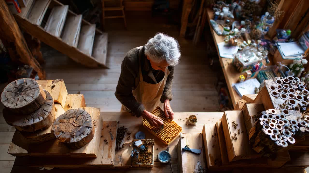 An Artisan's Craft: Capturing the Essence of Handcrafted Techniques in a Wood Workshop, Showcasing the Details of Creating Unique Honeycomb Structures and Natural Artwork
