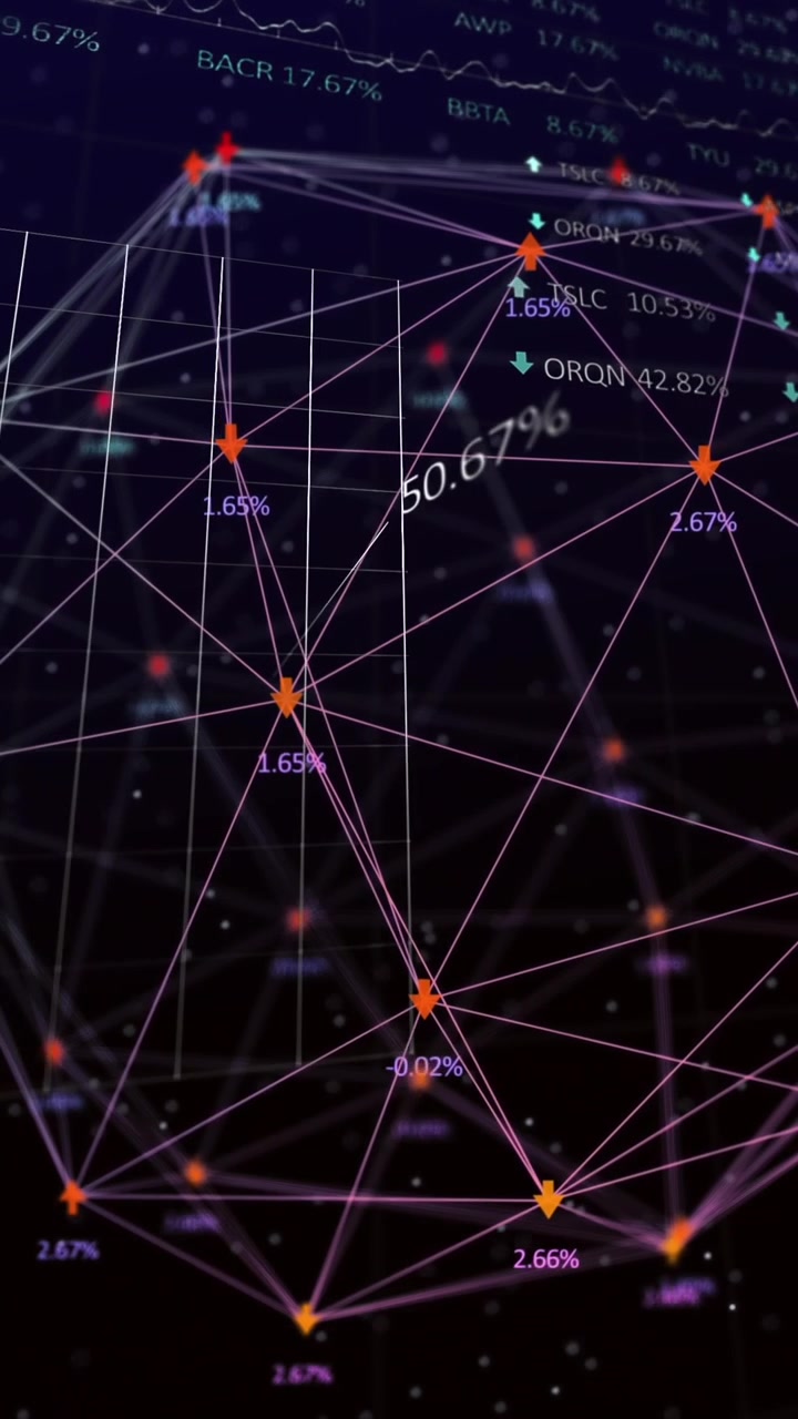 Animation of spinning globe over statistical and stock market data processing on black background