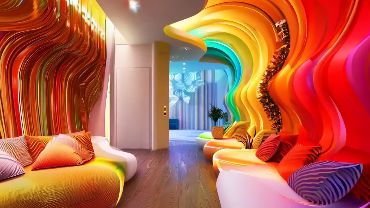 무지개색 벽과 소파가 있는 방