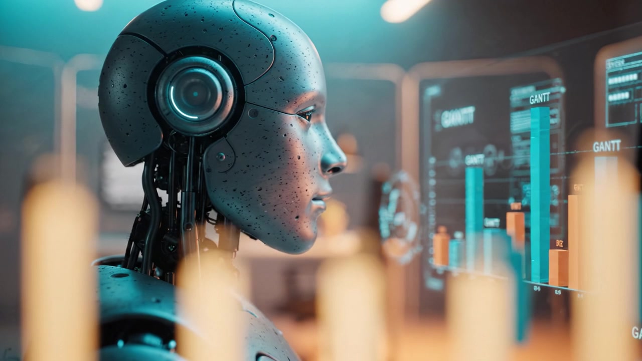 Futuristic humanoid robot analyzing data and statistics on digital screens in a modern, tech-driven workspace showcasing AI advancements and innovation.