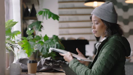 young african american woman using smartphone in cafe browsing online reading social media messages texting enjoying relaxing in trendy restaurant