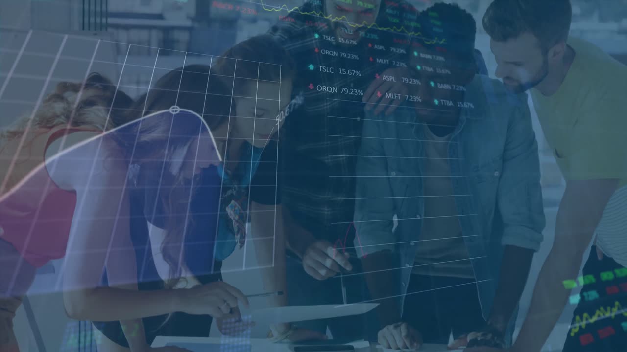 Animation of statistical, stock data processing over team of diverse colleagues discussing at office