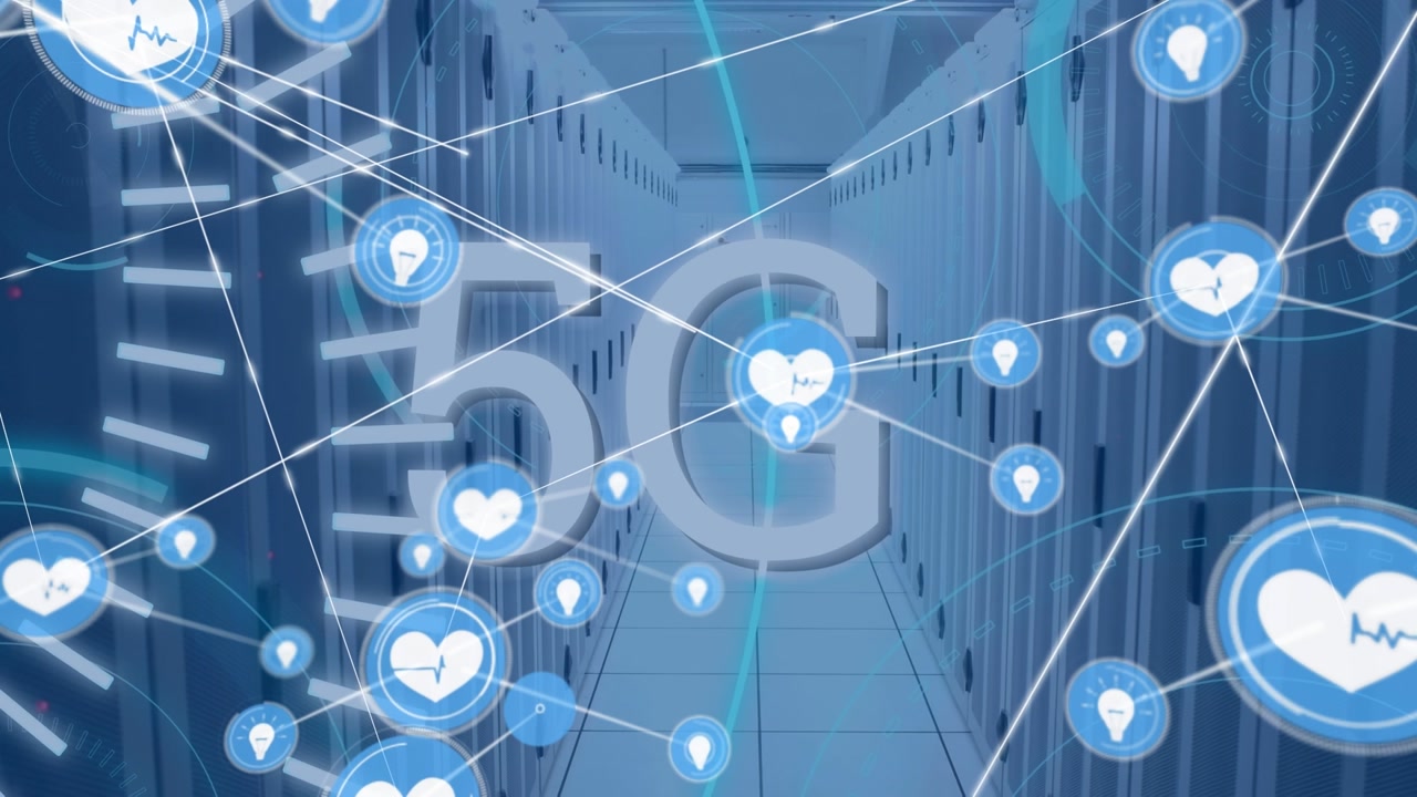 Animation of network of health and idea icons exchanging data over computer server room