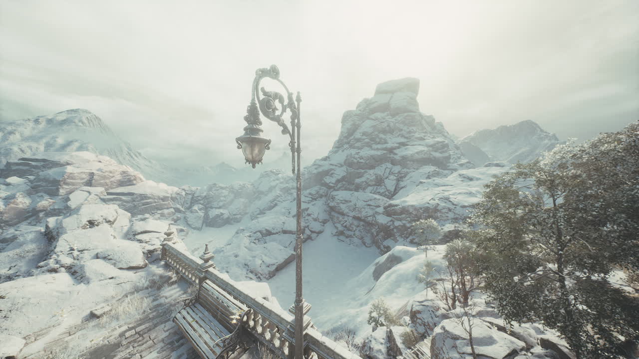 Stunning winter landscape featuring snow covered mountains and lamppost