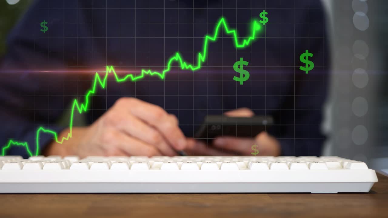 Mano con lápiz óptico y un gráfico de líneas ascendente verde brillante con signos de dólar flotantes. Primer plano, superposición digital.