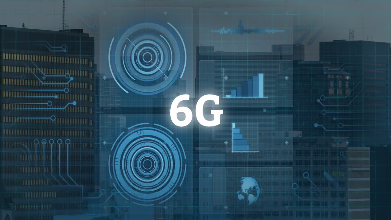 animazione di testo 6g, elaborazione dei dati e scheda di circuiti per computer.