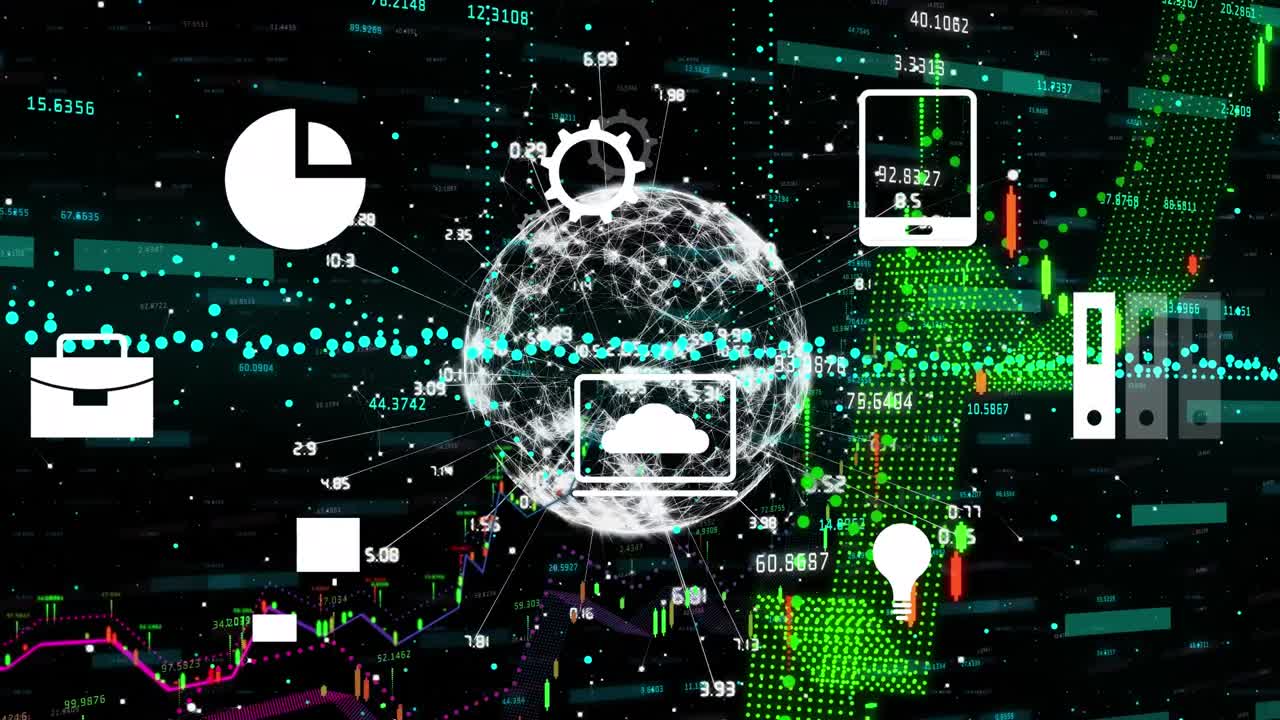 animación de iconos digitales y procesamiento de datos financieros sobre un globo giratorio sobre un fondo negro.