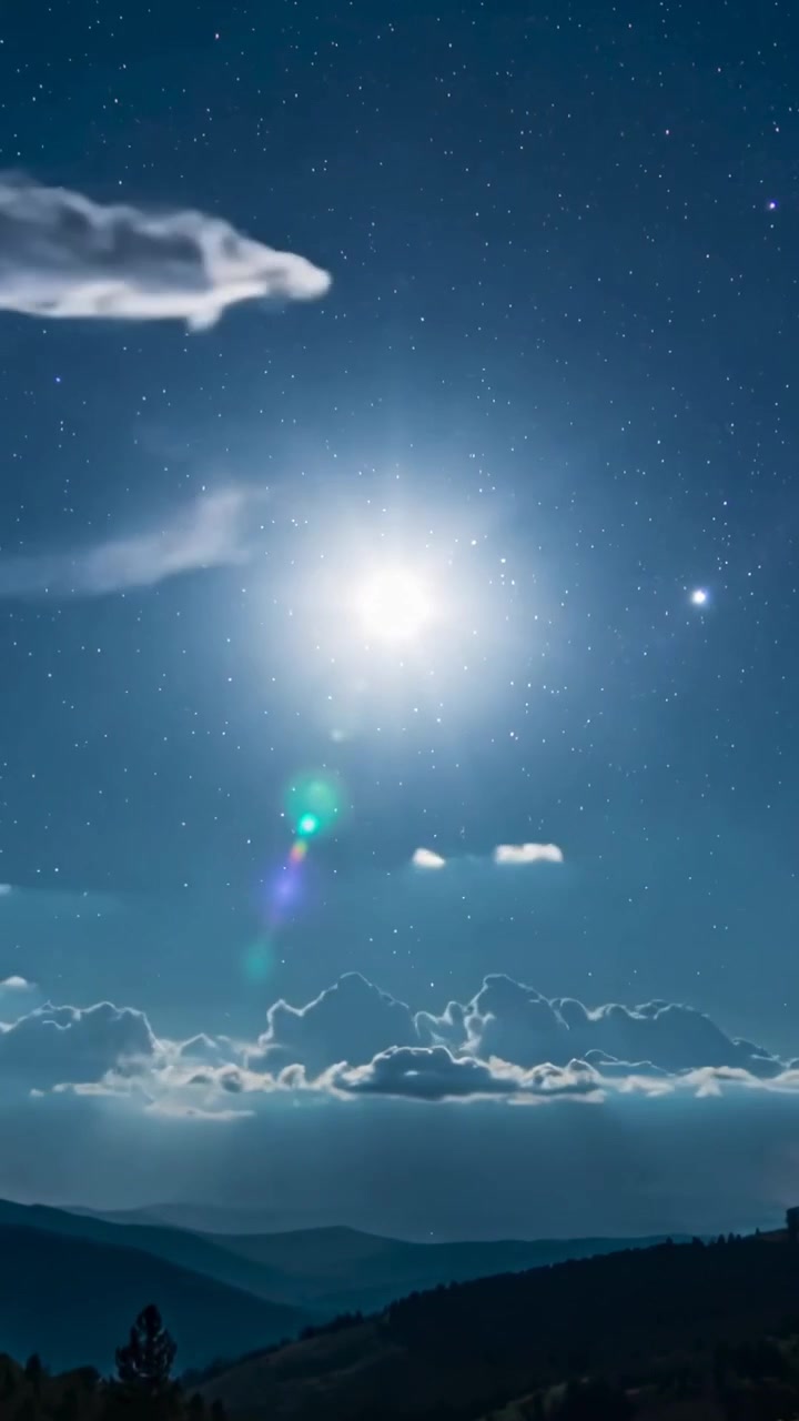 세로 영상: 산 위 구름 틈새로 달이 밀려나오며 능선, 별, 섬광, 나무를 비추는 모습